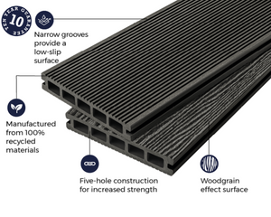 Cladco Woodgrain Effect Reversible Composite Decking Board - Charcoal (2.4m)